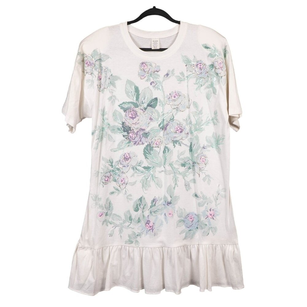 90s Floral Shirt Dress One Size L XL White Green Purple Ruffled Hem Puff Paint